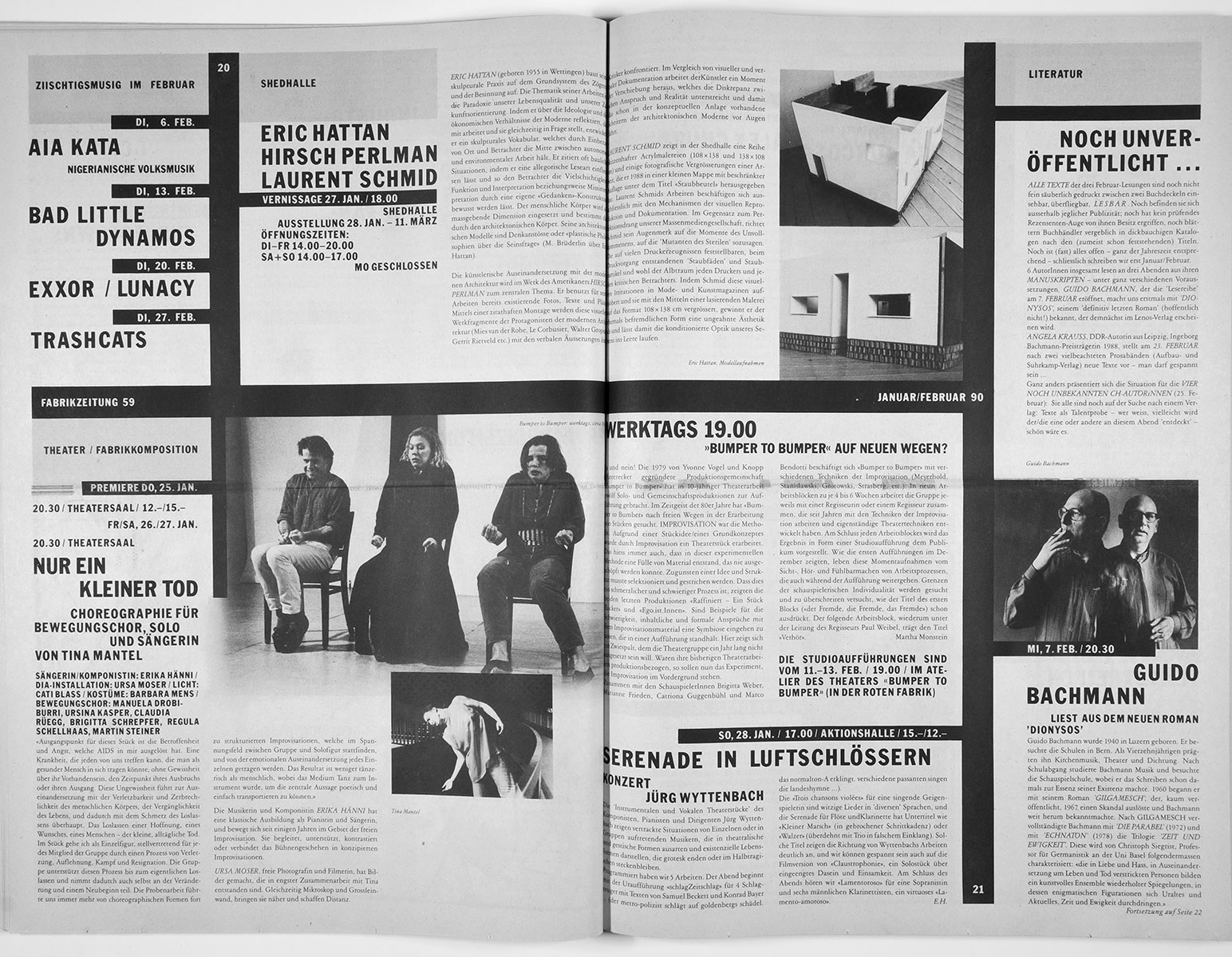 Gestaltung und Redaktion der FabrikZeitung, der Programmzeitung aus der Roten Fabrik Zürich, 1989 — 1992, zusammen mit Joe Zimmermann, Ilia Vasella und Marcel Zwingli