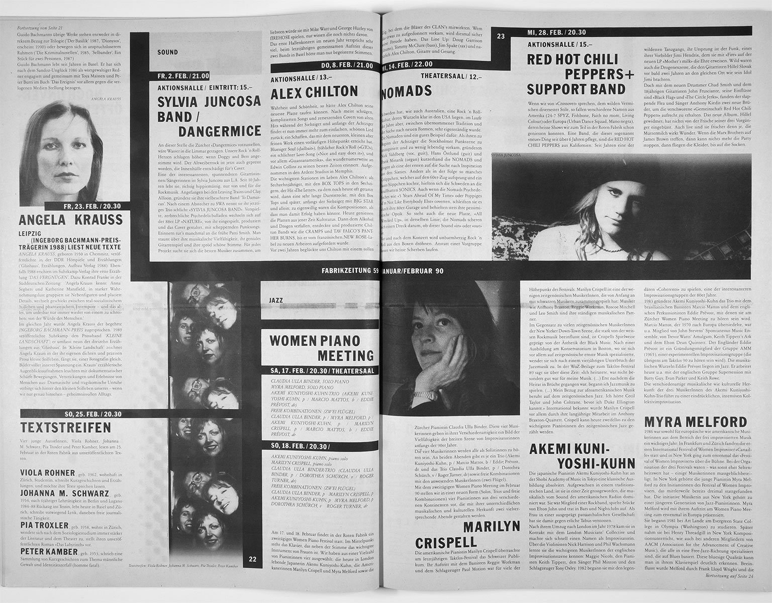 Gestaltung und Redaktion der FabrikZeitung, der Programmzeitung aus der Roten Fabrik Zürich, 1989 — 1992, zusammen mit Joe Zimmermann, Ilia Vasella und Marcel Zwingli