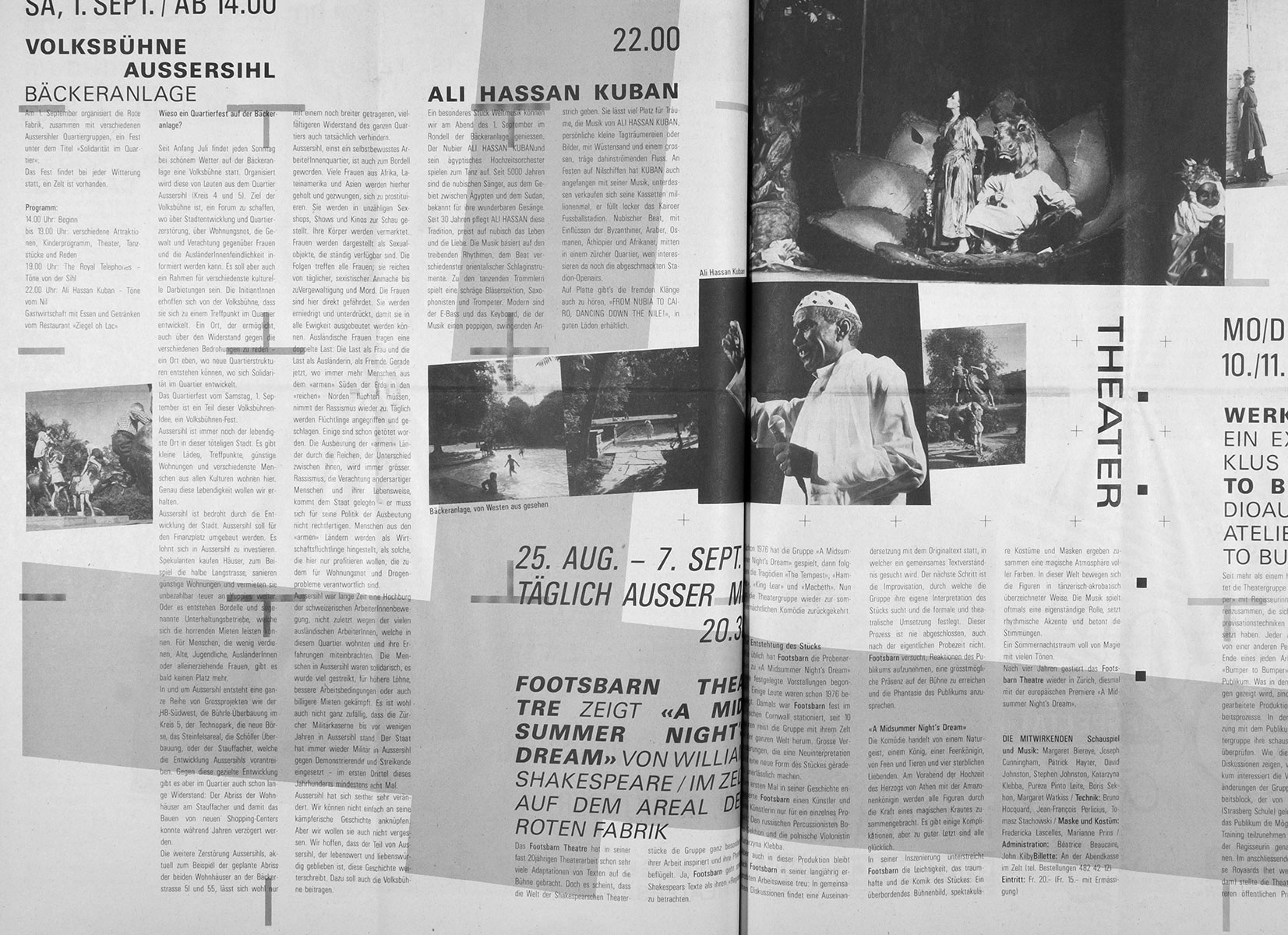 Gestaltung und Redaktion der FabrikZeitung, der Programmzeitung aus der Roten Fabrik Zürich, 1989 — 1992, zusammen mit Joe Zimmermann, Ilia Vasella und Marcel Zwingli
